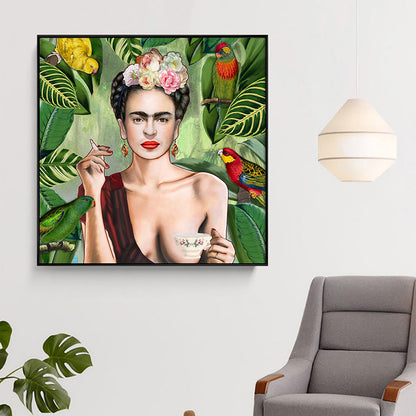Vivolux | Bohemian Leinwandkunst in Grün Frida Kahlo Selbstporträt Gemälde für Hausinterieur