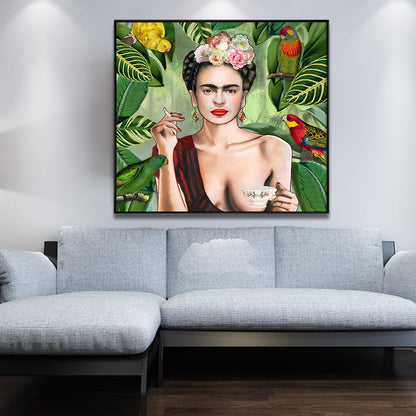 Vivolux | Bohemian Leinwandkunst in Grün Frida Kahlo Selbstporträt Gemälde für Hausinterieur