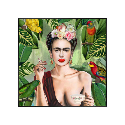 Vivolux | Bohemian Leinwandkunst in Grün Frida Kahlo Selbstporträt Gemälde für Hausinterieur