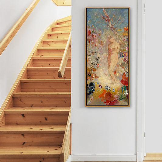 Vivolux | Traditionelle stehende Aktfigur Kunst in orange strukturiertem Wanddekor für das Wohnzimmer