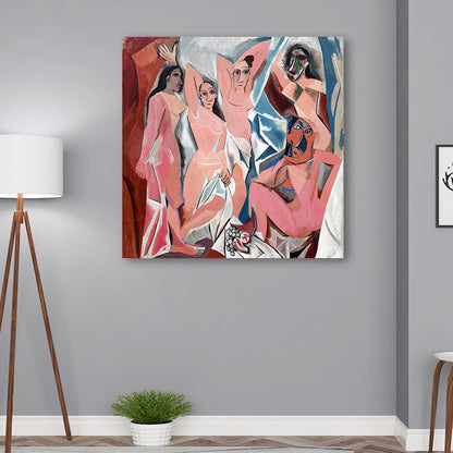 Vivolux | Picasso Avignon Mädchen Wandkunst in Pink Kubismus Leinwanddruck für Wohnzimmer
