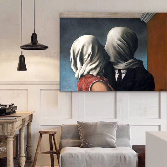 Vivolux | Surrealismus Magritte die Liebenden Leinwand Blau Texturiertes Wandkunstdruck für Wohnzimmer