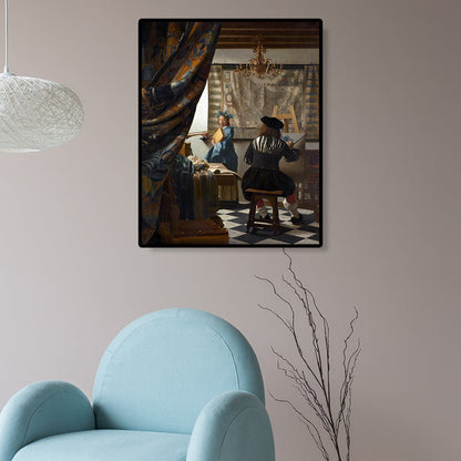Vivolux | Retro-Stil-Leinwanddruck Braun Jan Vermeer die Kunst des Malens Wanddekoration für das Schlafzimmer