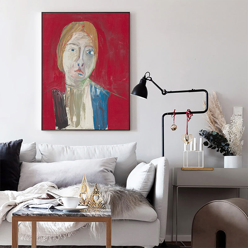 Vivolux | Ölmalerei Skandinavischer Stil Kunst Mädchen Frontansicht in Rot, Mehrere Größenoptionen