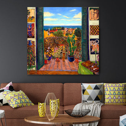 Vivolux | Henri Matisse Balkon Bonsai Leinwand Kunst Vintage Texturiertes Gemälde in Braun und Blau