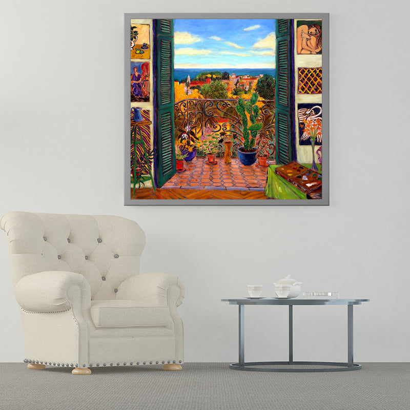 Vivolux | Henri Matisse Balkon Bonsai Leinwand Kunst Vintage Texturiertes Gemälde in Braun und Blau