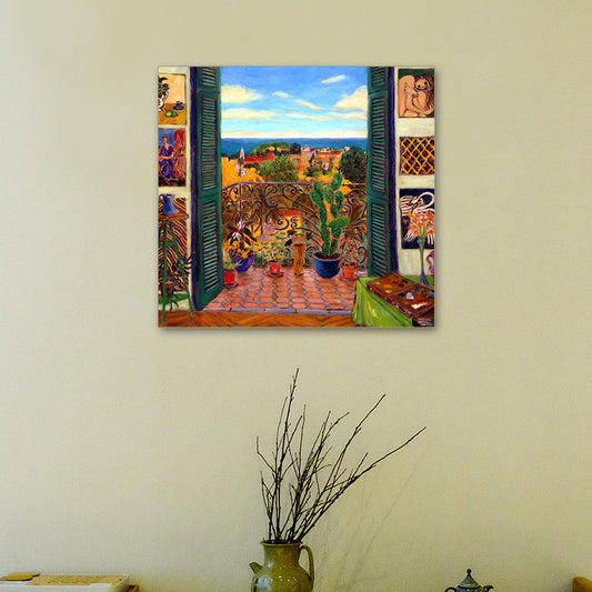 Vivolux | Henri Matisse Balkon Bonsai Leinwand Kunst Vintage Texturiertes Gemälde in Braun und Blau