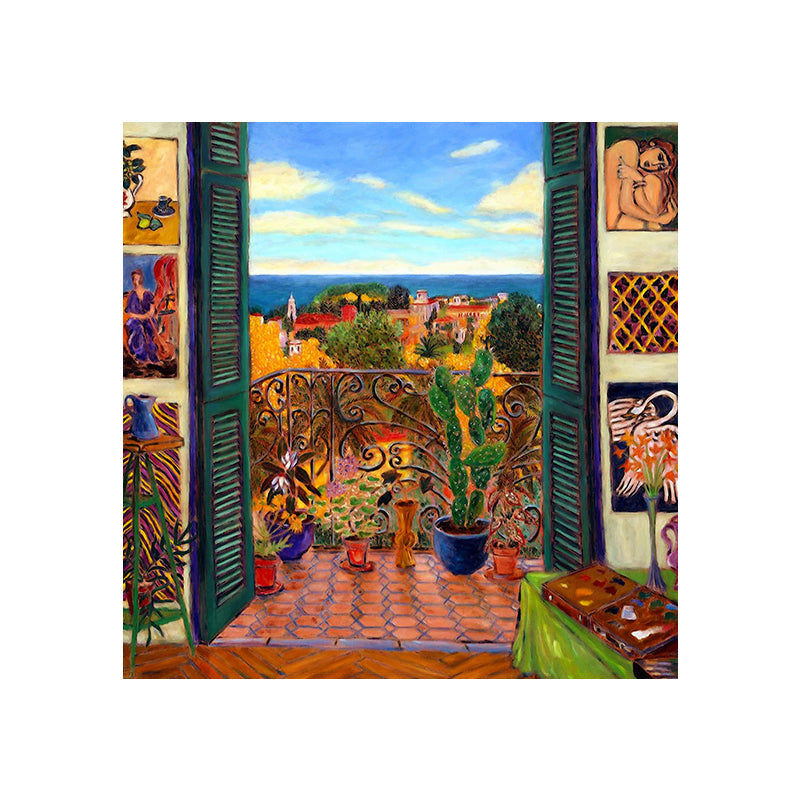 Vivolux | Henri Matisse Balkon Bonsai Leinwand Kunst Vintage Texturiertes Gemälde in Braun und Blau