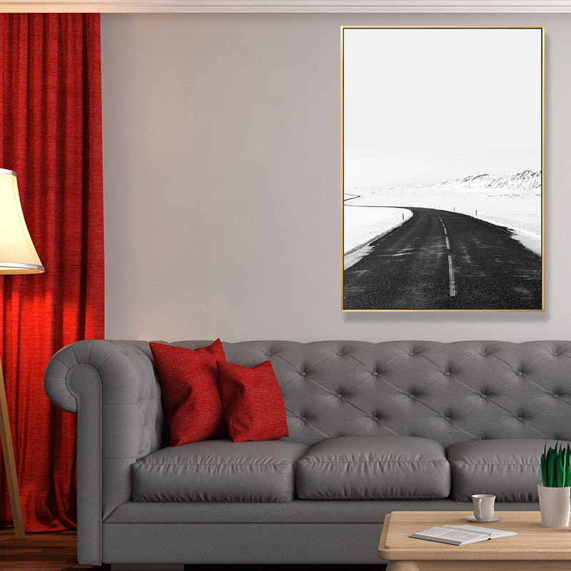Vivolux | Zwarte Weg in Sneeuw Wanddecoratie Minimale voor Tekenruimte Gewikkelde Canvas