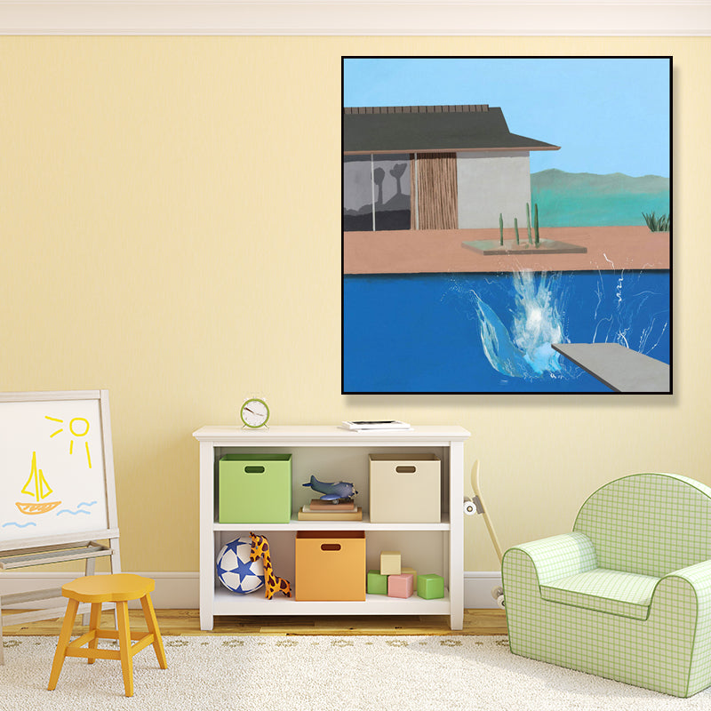 Vivolux | Haus und Schwimmbad Leinwand Texturiert Zeitgenössischer Stil für Jungen Schlafzimmer Malerei
