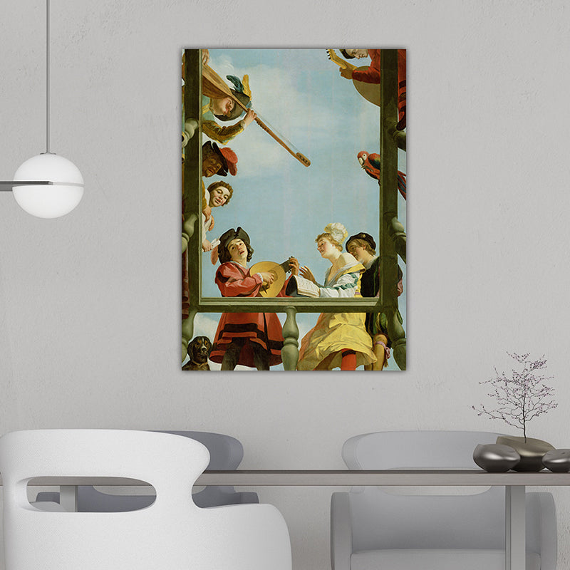 Vivolux | Vintage Painting Blaue Musikalische Gruppe auf einem Balkon Leinwand Wandkunst für das Wohnzimmer