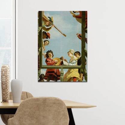 Vivolux | Vintage Painting Blaue Musikalische Gruppe auf einem Balkon Leinwand Wandkunst für das Wohnzimmer