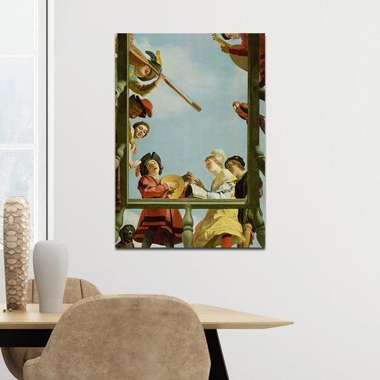 Vivolux | Vintage Painting Blaue Musikalische Gruppe auf einem Balkon Leinwand Wandkunst für das Wohnzimmer