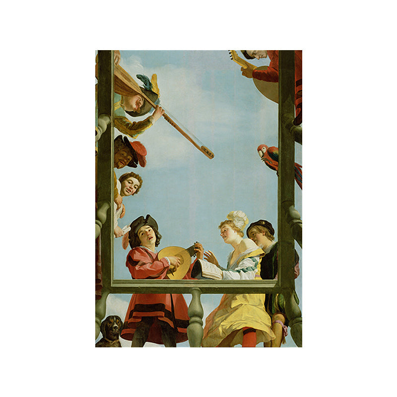 Vivolux | Vintage Painting Blaue Musikalische Gruppe auf einem Balkon Leinwand Wandkunst für das Wohnzimmer