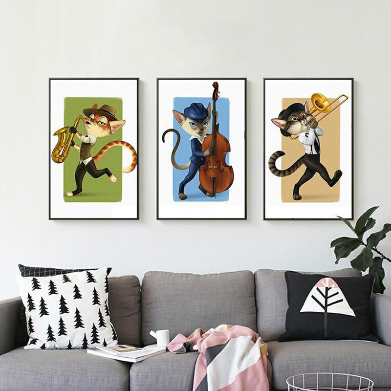 Vivolux | Strukturiert Lichtfarbe Malerei Zeitgenössisch Katze Spielt Instrument Leinwand Wandkunst