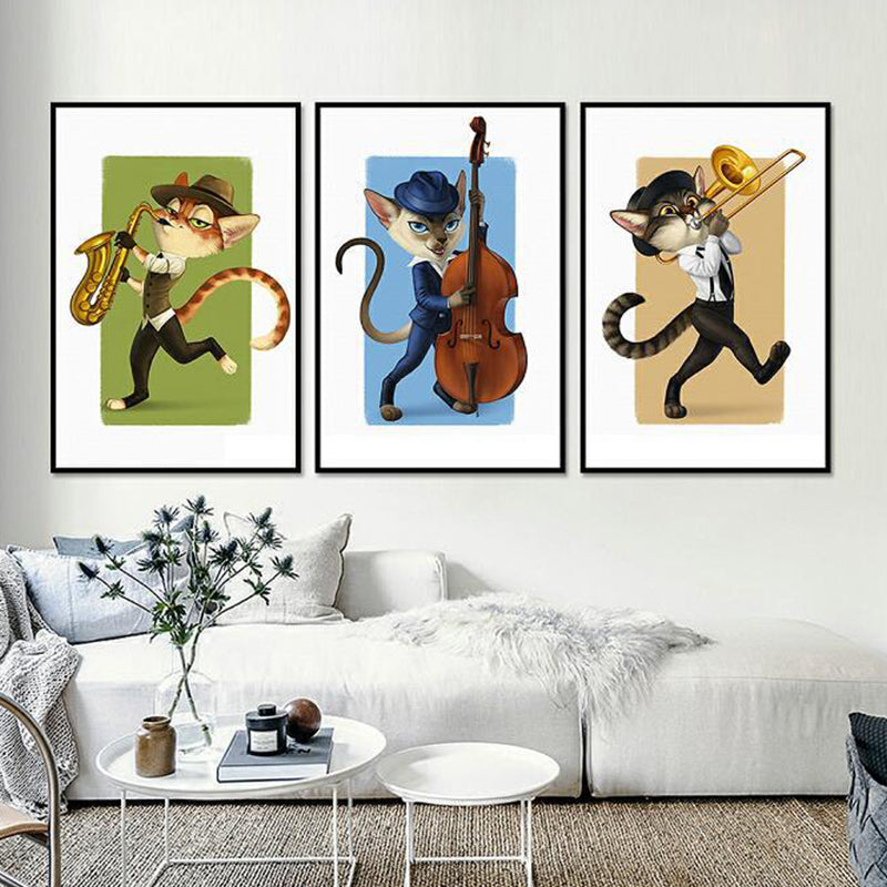 Vivolux | Strukturiert Lichtfarbe Malerei Zeitgenössisch Katze Spielt Instrument Leinwand Wandkunst