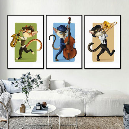Vivolux | Strukturiert Lichtfarbe Malerei Zeitgenössisch Katze Spielt Instrument Leinwand Wandkunst