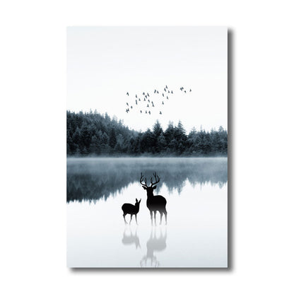 Vivolux | Reflexion Wanddekoration Zeitgenössische Beruhigende Rehe und Wald Leinwanddrucke in Blau für das Gästezimmer