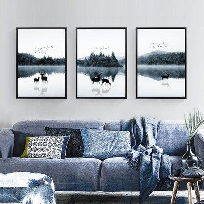 Vivolux | Reflexion Wanddekoration Zeitgenössische Beruhigende Rehe und Wald Leinwanddrucke in Blau für das Gästezimmer