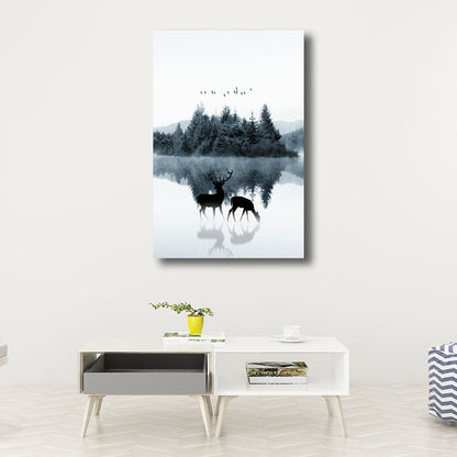 Vivolux | Reflexion Wanddekoration Zeitgenössische Beruhigende Rehe und Wald Leinwanddrucke in Blau für das Gästezimmer
