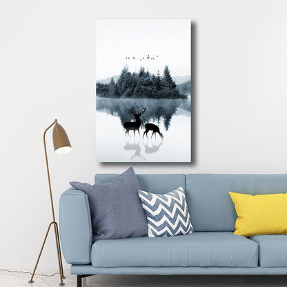 Vivolux | Reflexion Wanddekoration Zeitgenössische Beruhigende Rehe und Wald Leinwanddrucke in Blau für das Gästezimmer