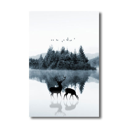 Vivolux | Reflexion Wanddekoration Zeitgenössische Beruhigende Rehe und Wald Leinwanddrucke in Blau für das Gästezimmer