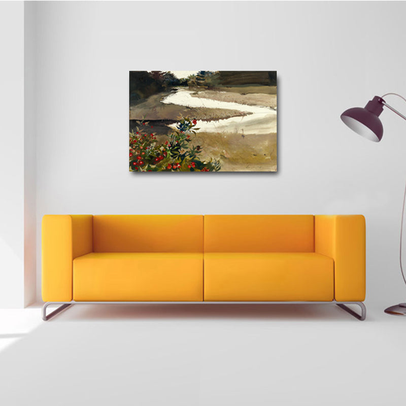 Vivolux | Wild Riverside Scenery Art Zeitgenössischer Stil Leinwand Texturierte Wanddekoration in Braun