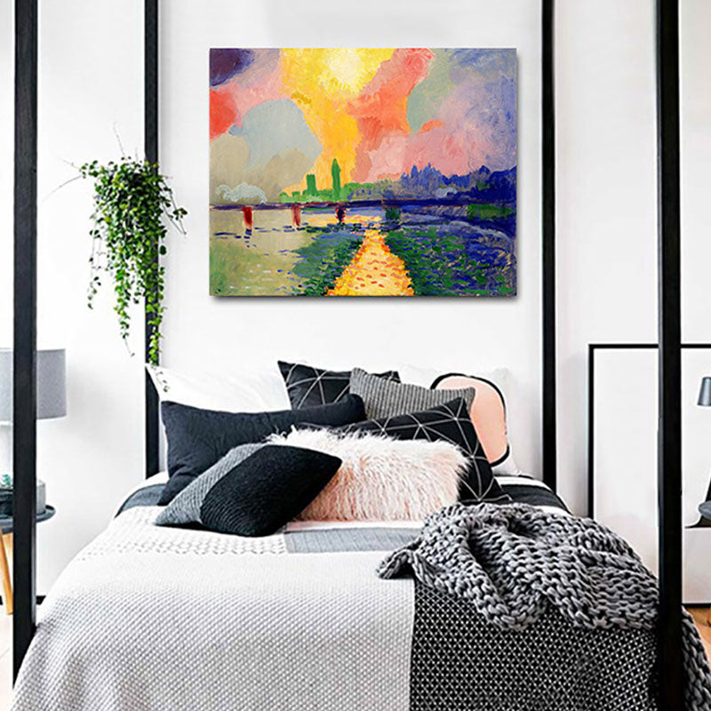 Vivolux | Szenerie Leinwand Wandkunst Modern Atemberaubende Charing Cross Brücke mit Sonnenuntergangsstrahlung Gemälde in Pink