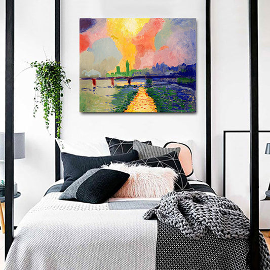 Vivolux | Szenerie Leinwand Wandkunst Modern Atemberaubende Charing Cross Brücke mit Sonnenuntergangsstrahlung Gemälde in Pink
