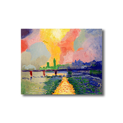 Vivolux | Szenerie Leinwand Wandkunst Modern Atemberaubende Charing Cross Brücke mit Sonnenuntergangsstrahlung Gemälde in Pink