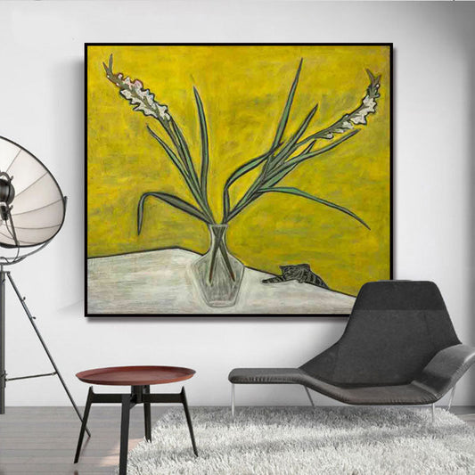 Vivolux | Scandinavisch Bloem en Vaasje Schilderij Gele Textuur Muurdecoratie voor Eetkamer