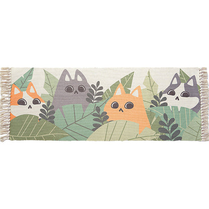 Vivolux | Groen en ivoorkleurig kinderkamerkleed met dierenpatroon van kat en vis, katoenen huisdiervriendelijke tapijt met franjes