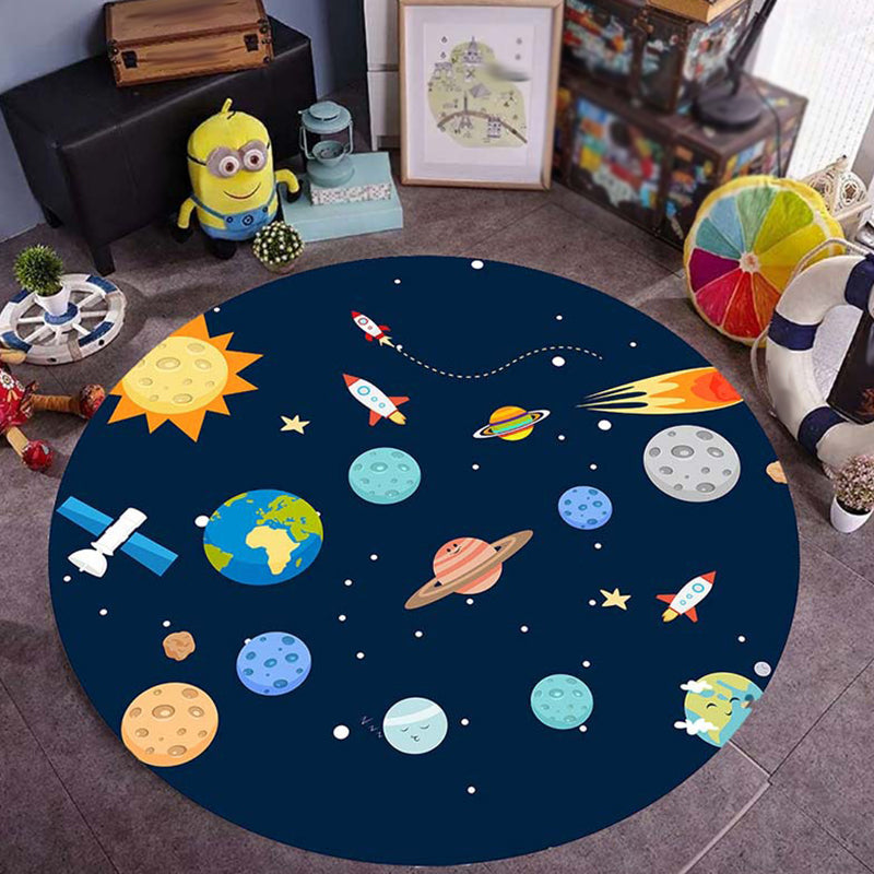 Vivolux | Blauer Teppich für das Kinderzimmer Kinder Weltraum Planet Galaxy Flugzeug Muster Bereichsteppich Polyester Anti-Rutsch Teppich