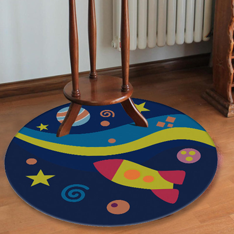 Vivolux | Blauer Teppich für das Kinderzimmer Kinder Weltraum Planet Galaxy Flugzeug Muster Bereichsteppich Polyester Anti-Rutsch Teppich