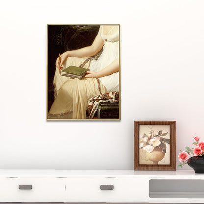 Vivolux | Frau mit einem Notizbuch Gemälde Vintage Texturierten Wandkunst im Schlafzimmer in Gelb