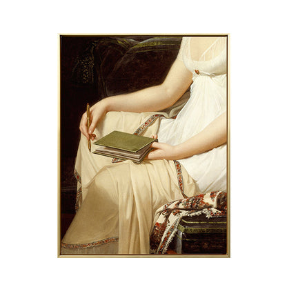 Vivolux | Frau mit einem Notizbuch Gemälde Vintage Texturierten Wandkunst im Schlafzimmer in Gelb