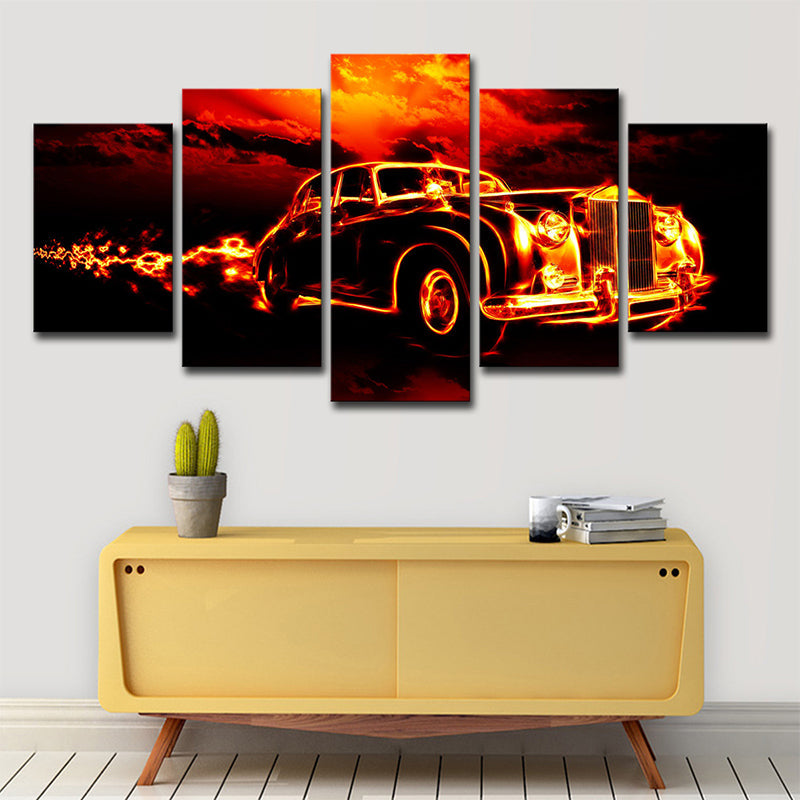 Vivolux | Vintage Auto Wandkunst Meerdelig Hedendaags Jongensslaapkamer Canvas in Oranje-Zwart