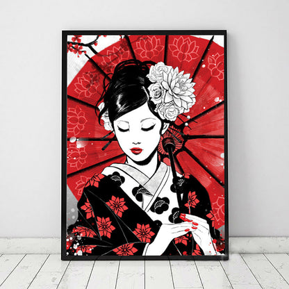 Vivolux | Japanische Geisha mit Regenschirm Leinwand Rot Wohn Wandkunst Dekor für Wohnzimmer, Mehrere Größenoptionen