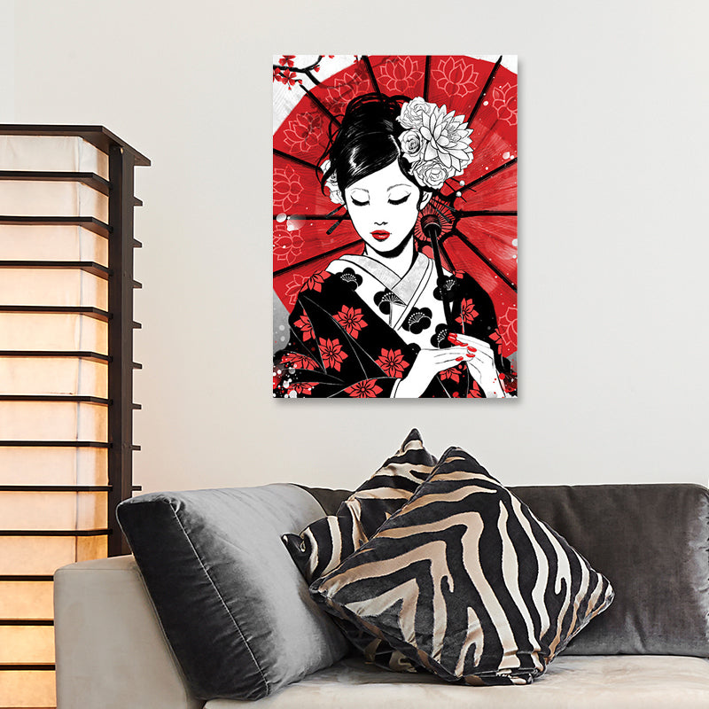 Vivolux | Japanische Geisha mit Regenschirm Leinwand Rot Wohn Wandkunst Dekor für Wohnzimmer, Mehrere Größenoptionen