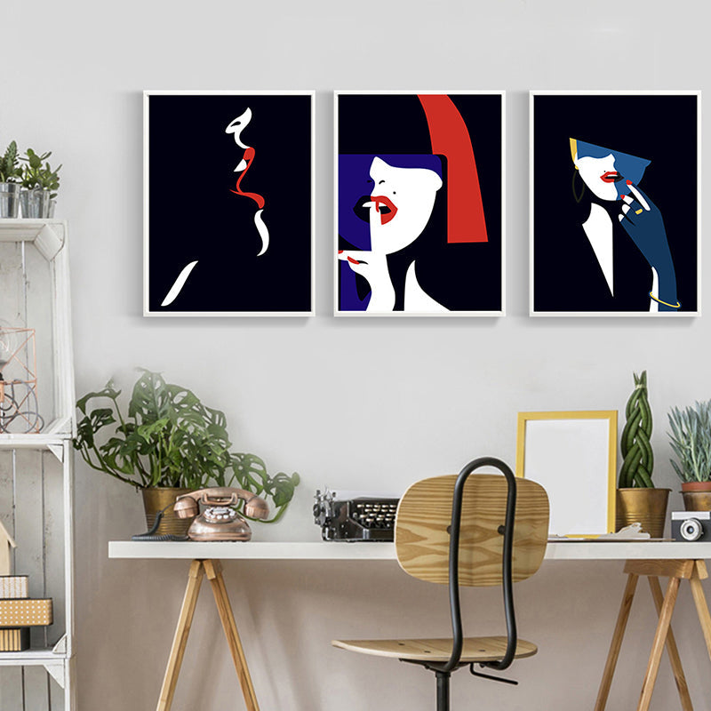 Vivolux | Strukturiertes Schwarzes Leinwand Wandbild Viktorianische Frau mit Rotem Lippenstift Gemälde für das Wohnzimmer