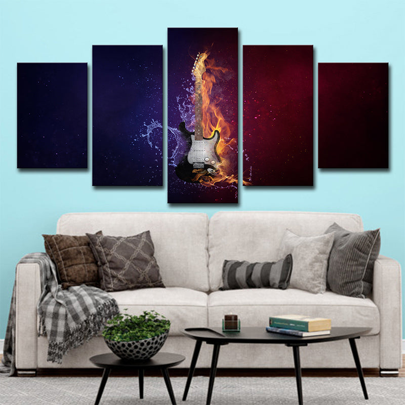 Vivolux | Wasser und Feuer Gitarren Leinwanddruck Zeitgenössische Mehrteilige Wandkunst Dekor in Schwarz