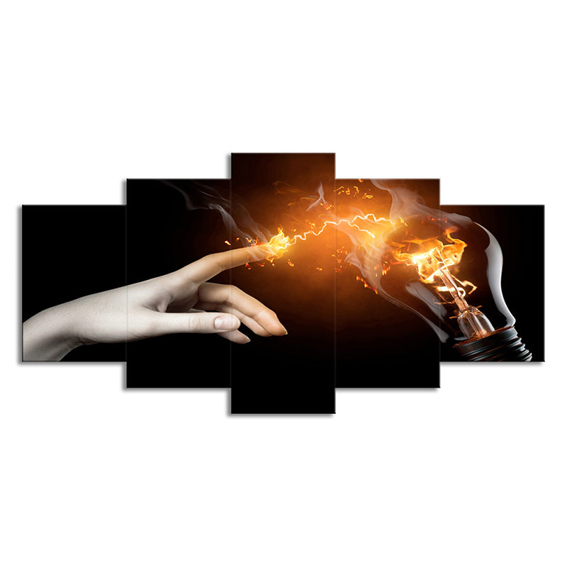 Vivolux | Hand und Glühbirne Leinwand Moderne Kreative Magie Wandkunst in Gelb auf Schwarz