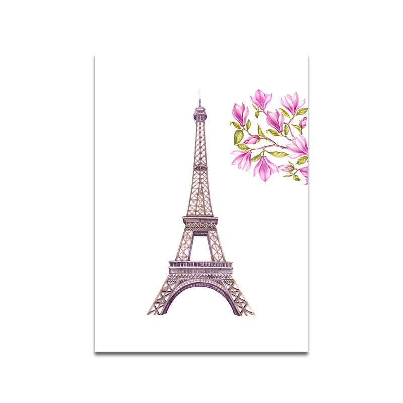Vivolux | Französisches Land für 80er-Jahre Gemälde Eiffelturm und Magnolienblüte Pink Leinwand Wandkunst