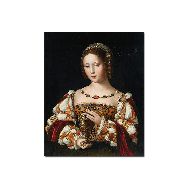 Vivolux | Adelige Frauenporträt Malerei Texturiert Retro Stil Zuhause Leinwand Wandkunst in Dunkler Farbe