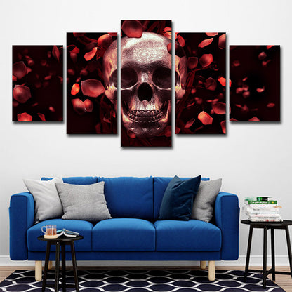 Vivolux | Schädel und Rosenblätter Leinwand Kunst zeitgenössische Mehrteilige Wanddekoration in Rot für Zuhause