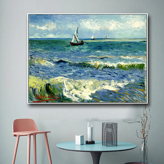 Vivolux | Schiffe, die auf Wellen segeln, Gemälde Blau Leinwand Wandkunst Druck für Wohnzimmer, Textur