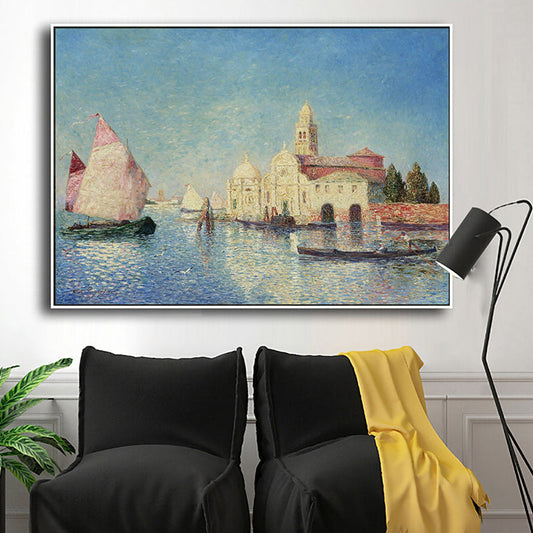 Vivolux | Ölmalerei Venedig Kanal Leinwand Wandkunst für das Wohnzimmer, Blau und Pink, Texturiert
