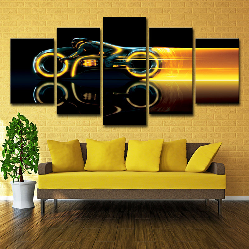 Vivolux | Schwarze Stahl-Motorrad-Wanddekoration Abstrakte moderne Mehrteilige-Canvas-Wandkunst für Raum
