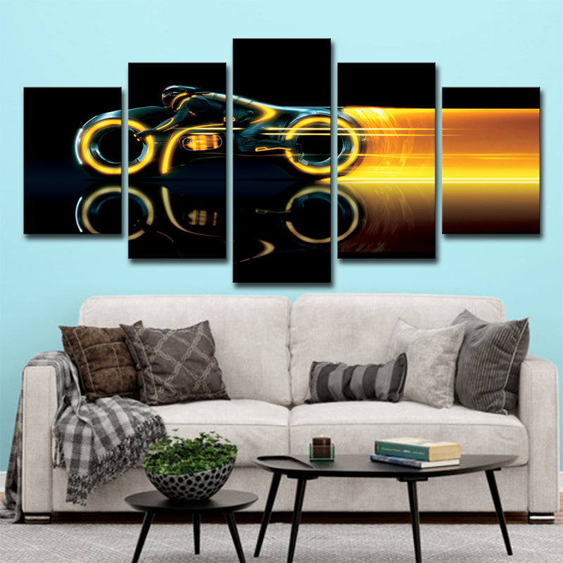 Vivolux | Schwarze Stahl-Motorrad-Wanddekoration Abstrakte moderne Mehrteilige-Canvas-Wandkunst für Raum