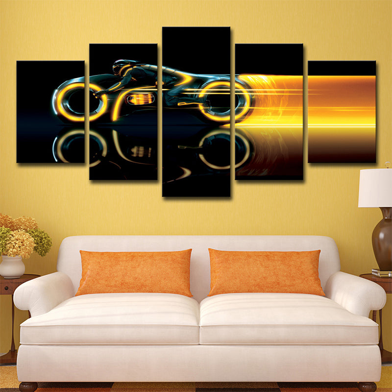 Vivolux | Schwarze Stahl-Motorrad-Wanddekoration Abstrakte moderne Mehrteilige-Canvas-Wandkunst für Raum
